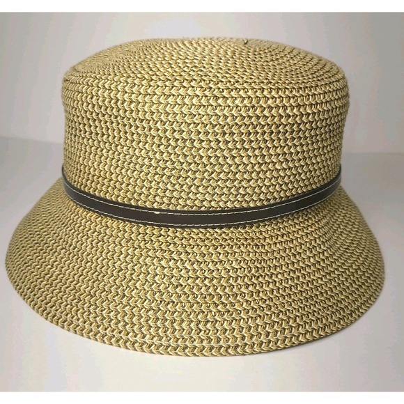Nine West Straw Bucket Hat Womens Tan Brown Chain Faux Leather Band One Size - Picture 2 of 4